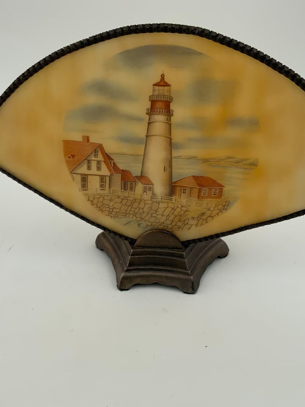 Vtg Slag Glass Nightlight w/ Lighthouse Painting Brass Frame & Base (No bulb)